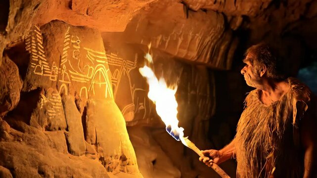 Caveman explores ancient cave with fire torch illuminating primitive wall art