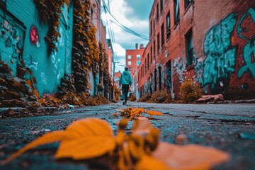 Person walking down a graffiti-covered alleyway.  Leaves in the foreground, urban setting.