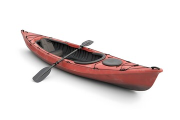 A red kayak with paddles, designed for water sports and leisure activities.