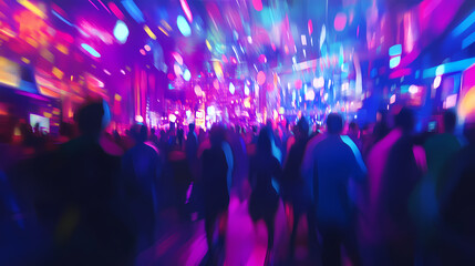 Abstract vibrant nightclub interior with colorful lights and blurred crowd creating a dreamy and energetic atmosphere. Nightspire. Illustration
