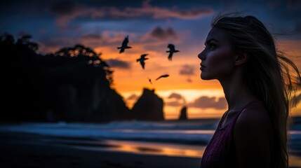 Fototapeta premium Sunset Silhouette: A Woman's Contemplation by the Ocean
