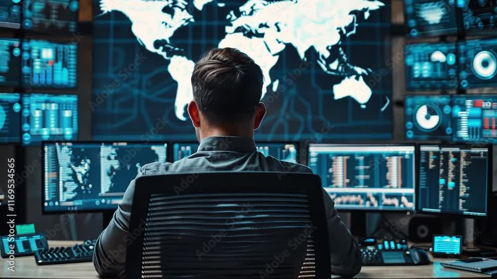 Poster A professional analyzes global data and analytics from multiple screens in a modern control room. The setup includes advanced technology with visual maps and statistics.