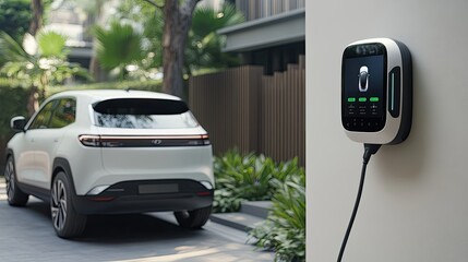 Digital interface showcases smart home features while an electric car charges quietly in a contemporary outdoor environment