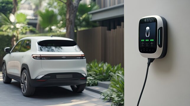 Digital interface showcases smart home features while an electric car charges quietly in a contemporary outdoor environment - Powered by Adobe