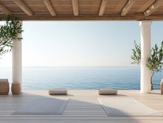 Fototapeta premium Serene yoga space overlooking tranquil ocean view. Happy Sunday Life Concept.