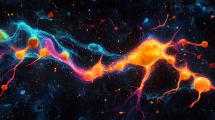 Fototapeta premium An inside illumination of a human brain, showcasing the complex network of synapses and neurons in vivid hues against a somber, gloomy backdrop. -
