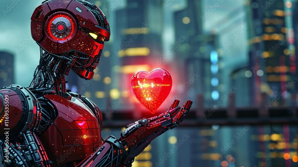 Poster a futuristic robot with intricate details stands in a bustling city, gently cradling a glowing red h