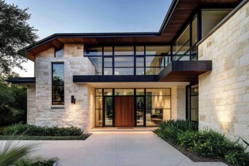Obraz premium This breathtaking modern home showcases expansive glass windows, beautifully situated in a tranquil landscape while bathed in the soft glow of evening light