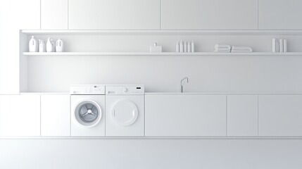 Modern Minimalist Laundry Room Design: Clean White Washer and Dryer with Integrated Shelving