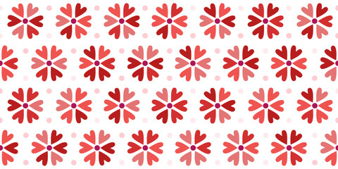 Flowers seamless print. Cute red spring background. Hearts petals pattern for Valentine's day, girly wrapping paper, decor, textile