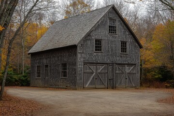 Rustic wooden barn stands alone in a serene autumn forest with leaves changing color under a cloudy sky in late afternoon light
