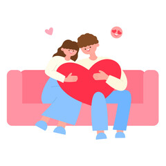 Happy couple hugging heart on pink sofa vector illustration