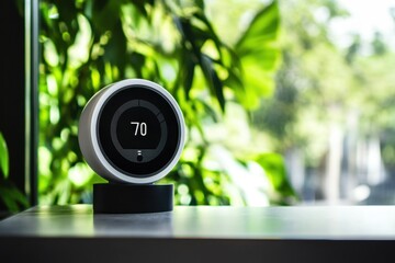 Fototapeta premium Smart thermostat displaying temperature in a modern living space surrounded by greenery