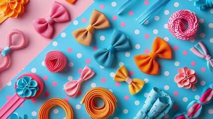 Vibrant hair bows, ribbons, and spirals on colorful polka dot background, playful hair accessories for styling, decorative fashion items, bright and cheerful flat lay composition

