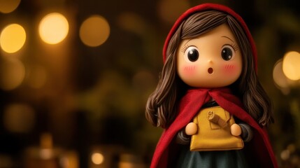 Cute figurine of little girl in red hood with surprised expression and bokeh background National Jessica Day