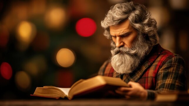 Elderly caucasian male reading a book with festive bokeh background National Maxwell Day
