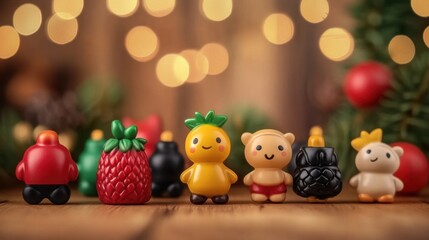 Obraz premium Colorful miniature toys with fruit and animal designs on wooden table