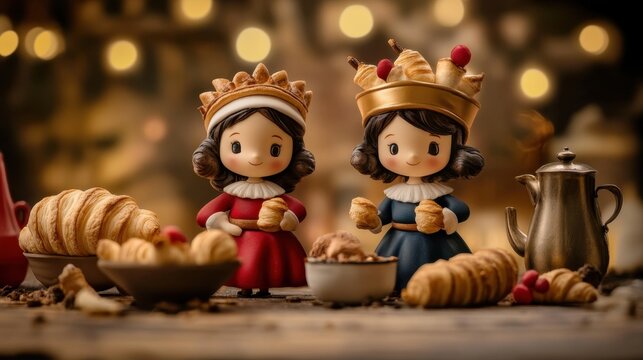 Charming figurines enjoying pastries and coffee in a cozy setting National Croissant Day