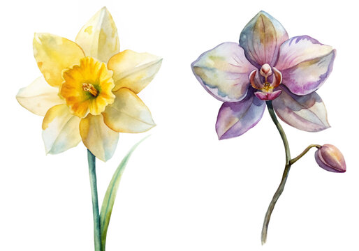 Watercolor floral illustration, vibrant daffodil and orchid, botanical art, nature-inspired design, elegant decor.