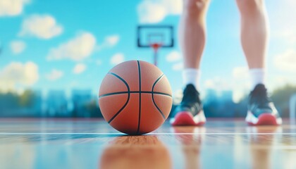 Close-up of a basketball on the court in an outdoor stadium and leg man.