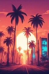Stunning sunset over palm-lined avenue, vibrant colors blending into serene sky, cars parked along the street creating inviting scene, perfect for lifestyle, travel, and relaxation themes.