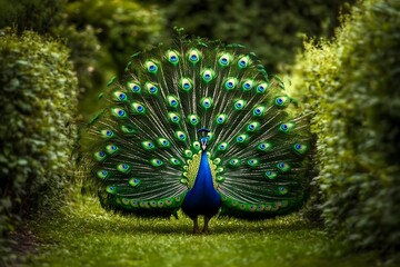 Obraz premium A vibrant peacock displays its colorful feathers in a lush garden setting.