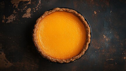Top down view of a pumpkin pie on a dark rustic background.
