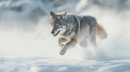 Obraz premium A wolf running through snowy terrain, showcasing its agility and grace.