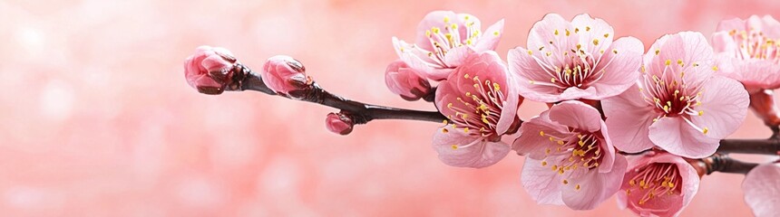 Obraz premium Branch with pink peach blossom flowers on a pink background, spring floral banner template for design.