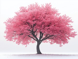 A spring time cherry blossom tree with pink flowers in full bloom, against a white background.