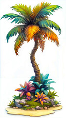 Obraz premium A palm tree with colorful flowers and plants on a small island
