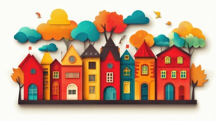 Colorful urban architecture with trees and clouds in a whimsical style