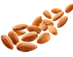 Almonds falling isolated on white background, cutout