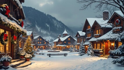 Fototapeta premium Magical Christmas Village Snowy Winter Scene
