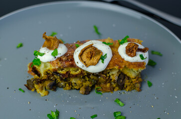 Potato cake with mushrooms with sour cream and herbs in the grey plate, top view