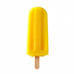 closeup of a yellow popsicle on a wooden stick melting on a white background