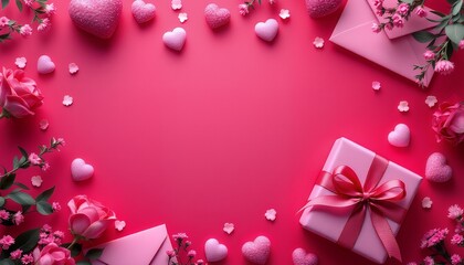 Romantic Pink Valentines Day Background with Gift, Roses and Hearts
