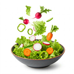 fresh green salad in a black bowl with radishes carrots bell peppers isolated on white background