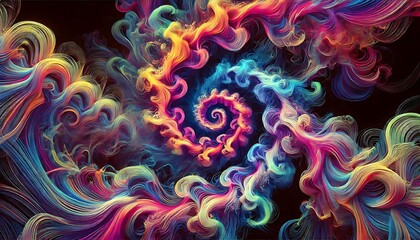 Intricate kaleidoscopic smoke trails in vivid fluorescent colors twisting endlessly into abstract forms created using generative AI for banners.
