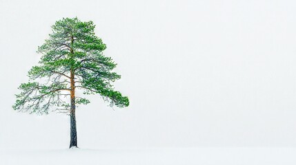 Obraz premium A solitary pine tree stands in a snow-covered, white and gray landscape