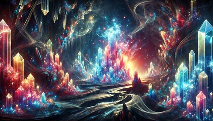 Otherworldly crystal caves with glowing multicolored crystals and mysterious shadows created using generative AI for banners.