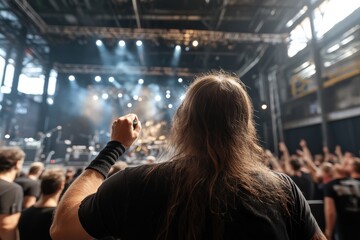 A passionate concert-goer raises a fist in excitement while enjoying a thrilling live performance, capturing the energetic atmosphere of a rock concert filled with enthusiasm.
