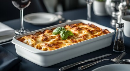Delicious lasagna served in a white ceramic dish, surrounded by elegant dining setup
