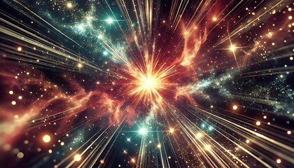 Obraz premium Cosmic starbursts with radiant beams of light and shimmering particles in deep-space tones created using generative AI for banners.