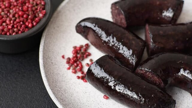 Delicious black blood sausage or black pudding with spices and herbs grilled on a black concrete background