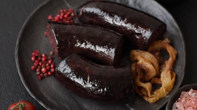 Delicious black blood sausage or black pudding with spices and herbs grilled on a black concrete background