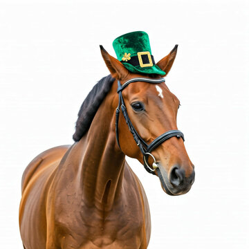 recommend clip art: brown horse wearing green leprechaun hat with white background