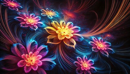 Floating fractal flowers in vibrant neon colors with glowing petals against a deep black background created using generative AI for banners.