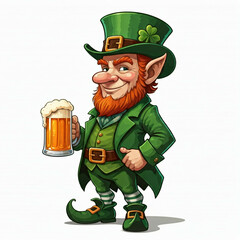 smiling cartoon leprechaun holding a pint of beer wearing a green hat and green outfit