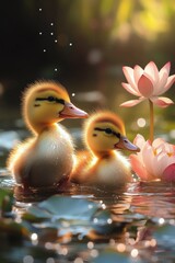Ducklings swim peacefully among water lilies during golden hour in a serene pond environment